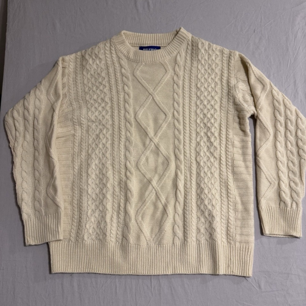 Elfric Eden Sweater Mens Large Ivory Chunky Cable Knit Crewneck Fisherman Cozy